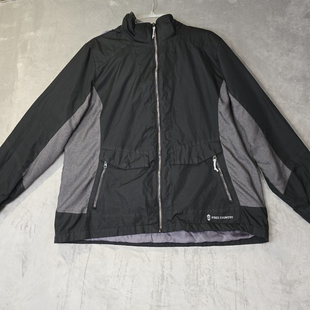 Free Country Radiance Rain Jacket Size XL Black/Gray Removable Hood Full Zipper